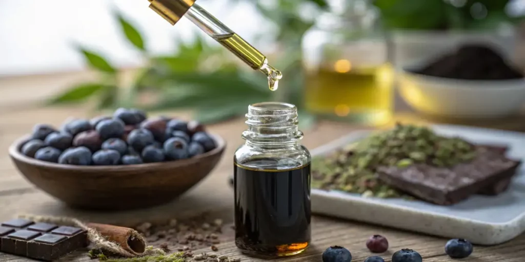 Close-up of a CBD oil droplet falling from a dropper onto a wooden surface.