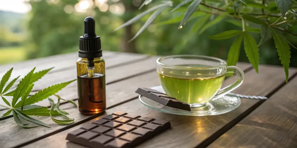 CBD oil bottle, a cup of green tea, and a piece of dark chocolate on a wooden table.