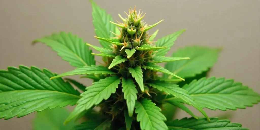 CBD Strawberry (125) plant during indoor flowering phase. Dense bud formation with vibrant green leaves.
