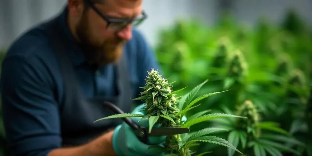 Cake Bomb Regular trimming dense buds in final flowering stage. Shown here during final trimming, this strain delivers high THC and intense vanilla aromas.