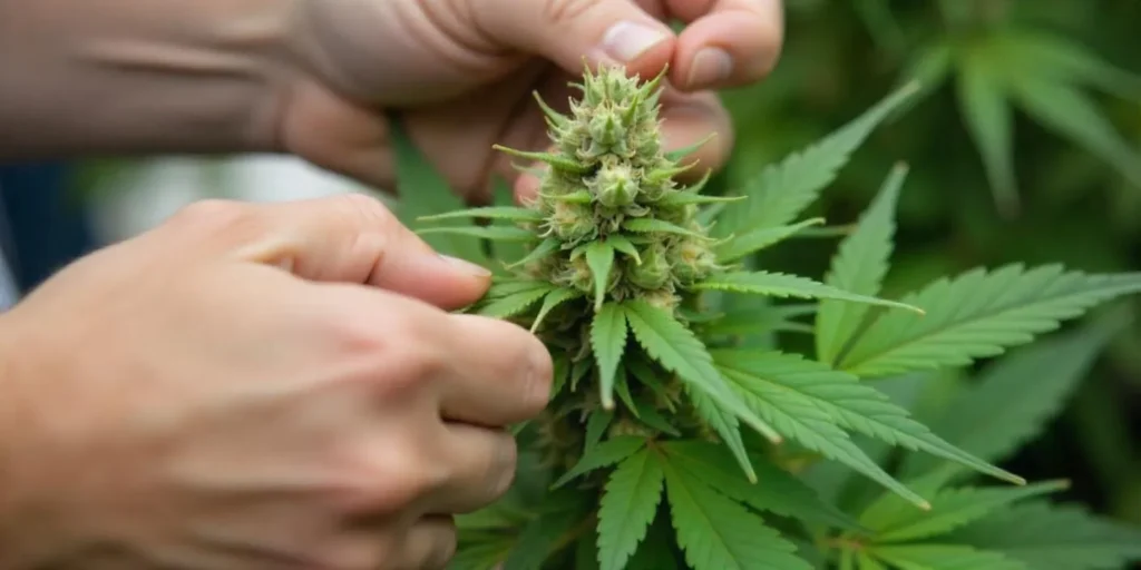 Hands inspecting a mature California Haze cannabis bud outdoors.