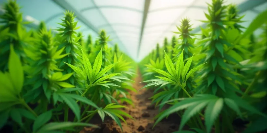California Orange Regular cannabis field growing under greenhouse light.