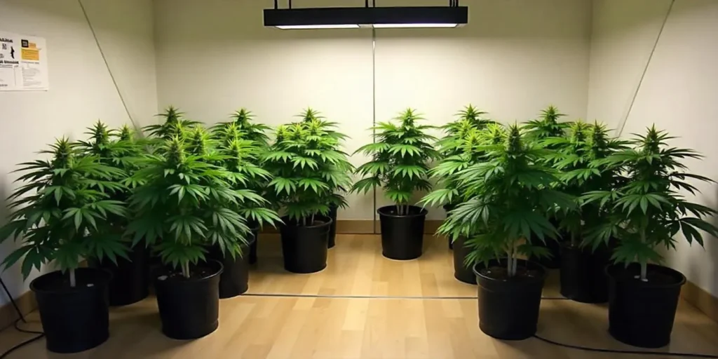 Indoor grow room with California Orange x Skunk plants in bloom.