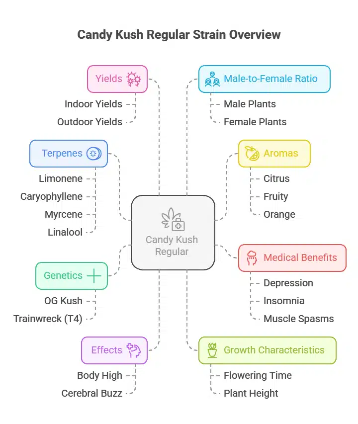 Diagram showing the main effects, genetics, aromas, and benefits of the Candy Kush Regular strain.