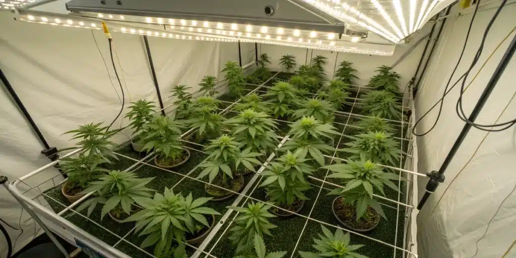 Candy Kush Regular plants growing under LED lights in a well-organized indoor cultivation setup.