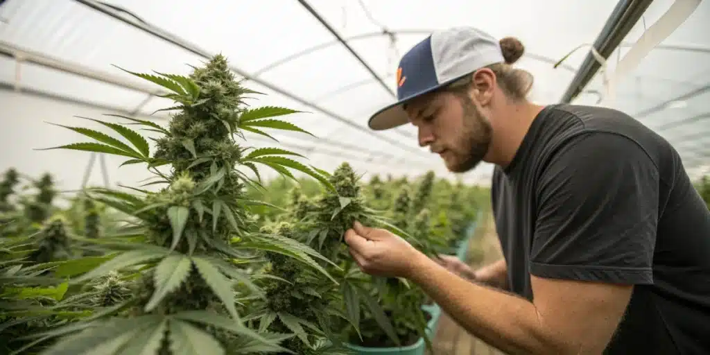 Grower inspecting Candy Kush Regular cannabis buds in a large greenhouse under natural lighting.