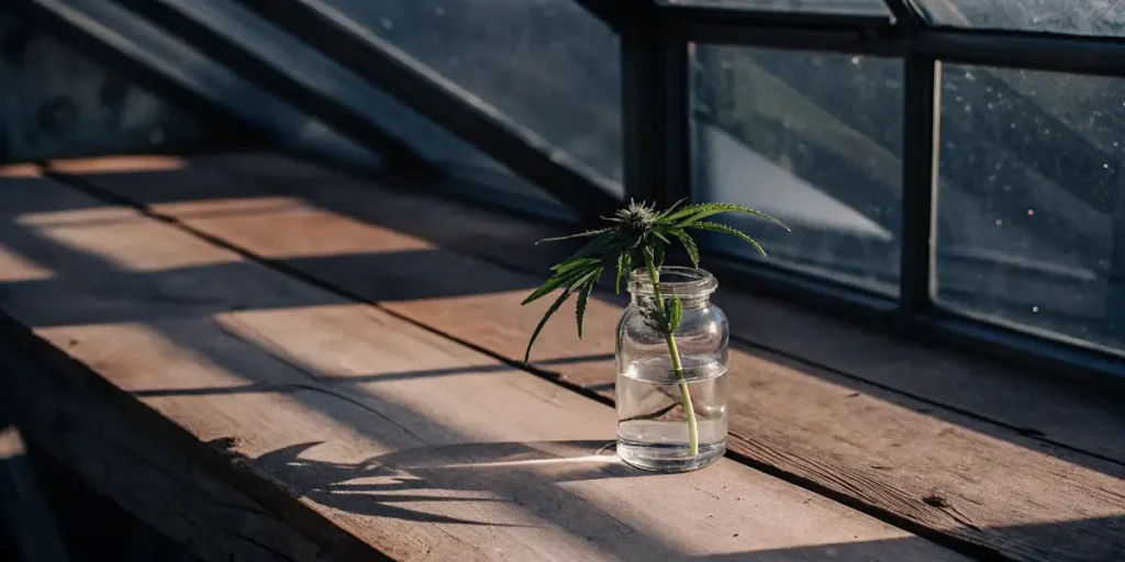 Cannabis cutting in a glass jar filled with water, placed on a wooden table under sunlight.