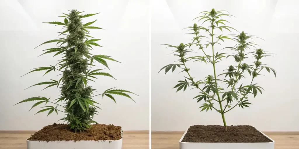 Before and after growth of cannabis plant in separate pots.