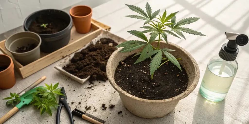 Cannabis plant in a pot with gardening tools and small pots on a table, soil scattered around.