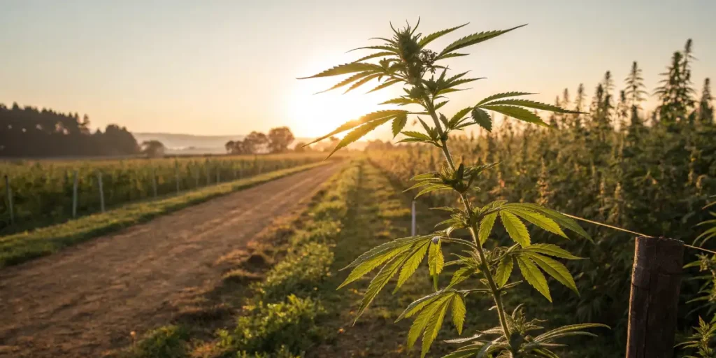 Cannabis plant growing on a dirt path with a sunset backdrop in a field.