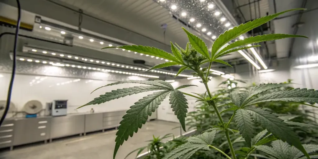 Cannabis plant with leaves under grow lights in a modern cultivation room