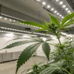 Cannabis plant with leaves under grow lights in a modern cultivation room