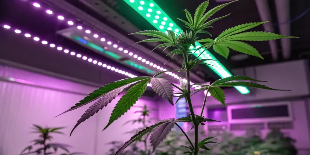 Cannabis plant with green leaves growing under purple LED grow lights in an indoor setting.