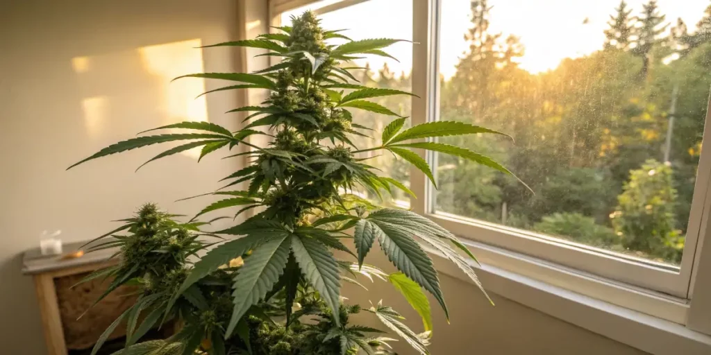 Healthy cannabis plant growing by a window with a sunset view.