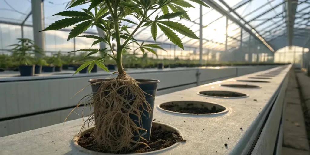 Close-up of a cannabis plant in a ceramic pot, showing roots exposed in the soil.