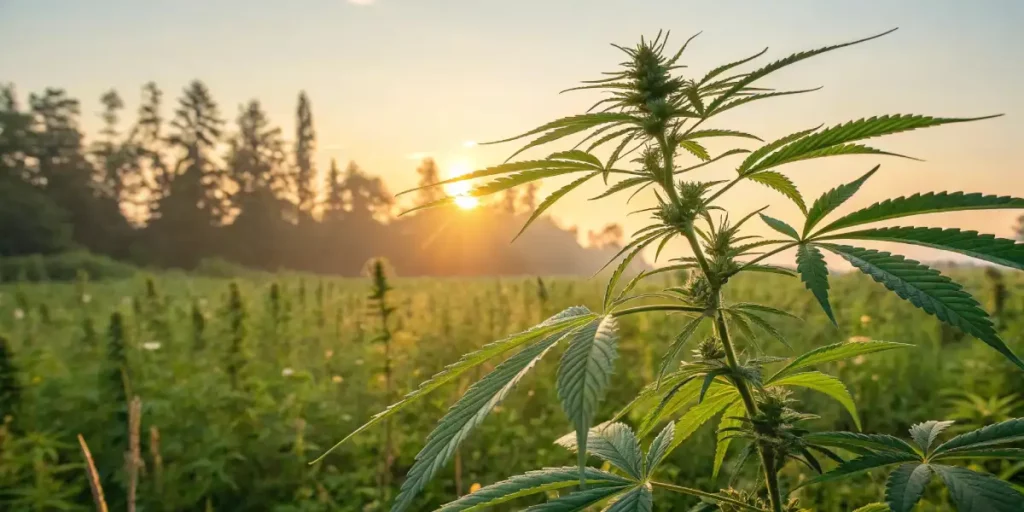 Cannabis plant in a field with sun setting behind trees, showcasing leaves and buds.