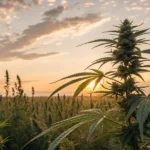 Cannabis plant in its flowering stage with tall stalks under a sunset sky.