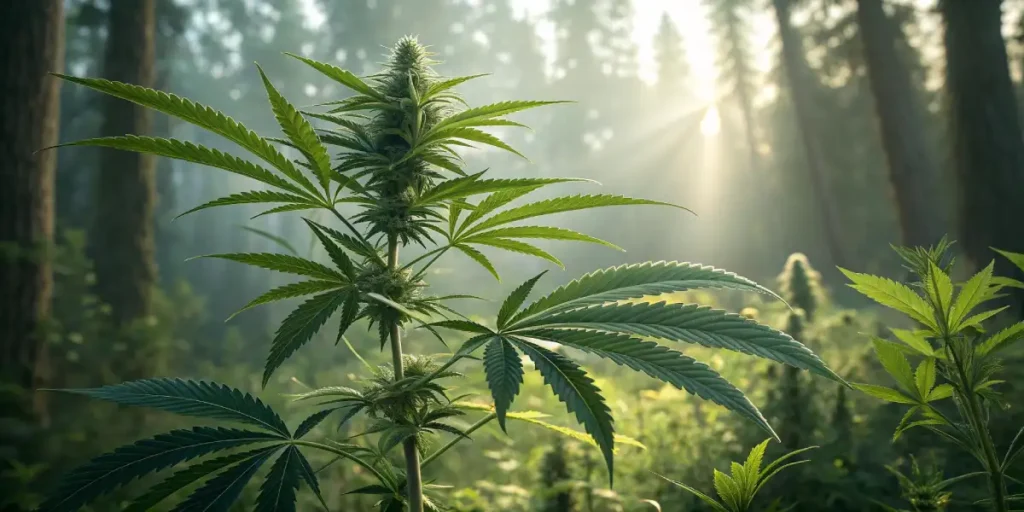 Cannabis plant growing in a forest with sunlight filtering through the trees, creating a serene natural atmosphere.