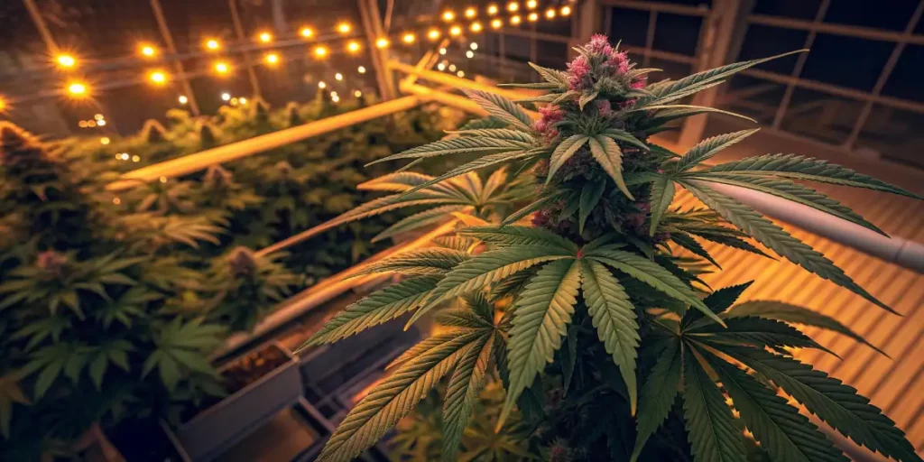 A cannabis plant in full bloom with vibrant buds, illuminated by grow lights.