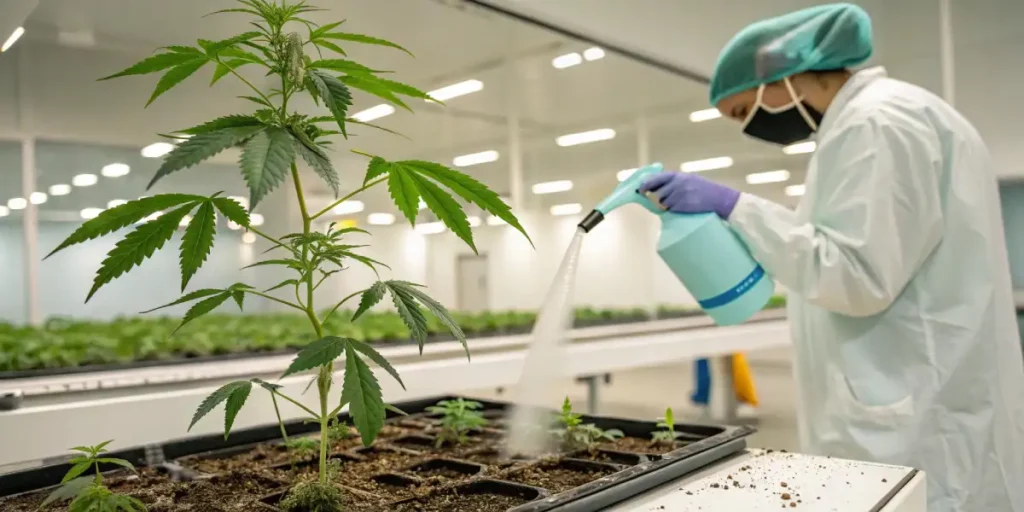 Person watering a cannabis plant inside a greenhouse, with several small plants in the background.