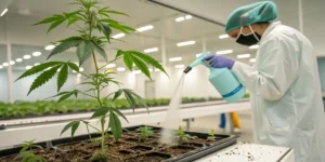 Person watering a cannabis plant inside a greenhouse, with several small plants in the background.