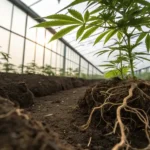 Cannabis plant with visible roots growing in the soil inside a greenhouse with natural light.