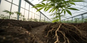 Cannabis plant with visible roots growing in the soil inside a greenhouse with natural light.