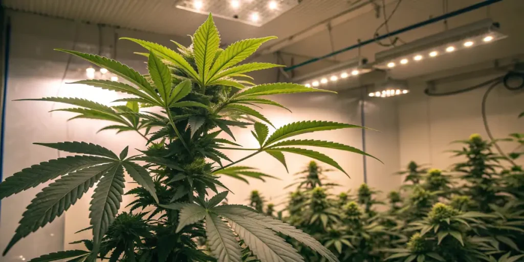 Cannabis plant thriving in a hydroponic setup with bright artificial lights overhead.