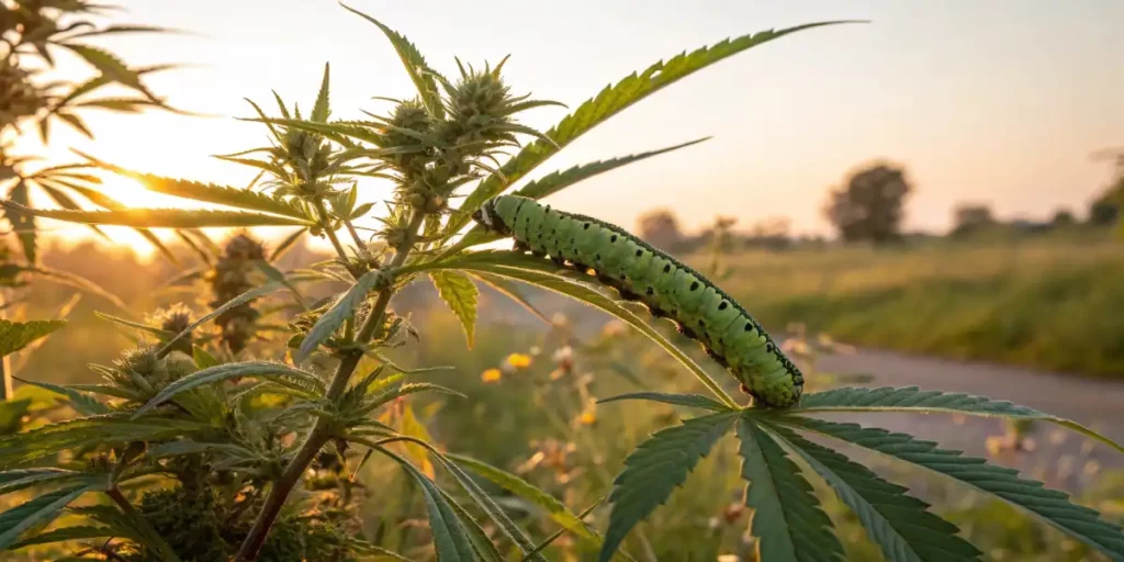 Green caterpillar resting on cannabis plant in a field at sunset.