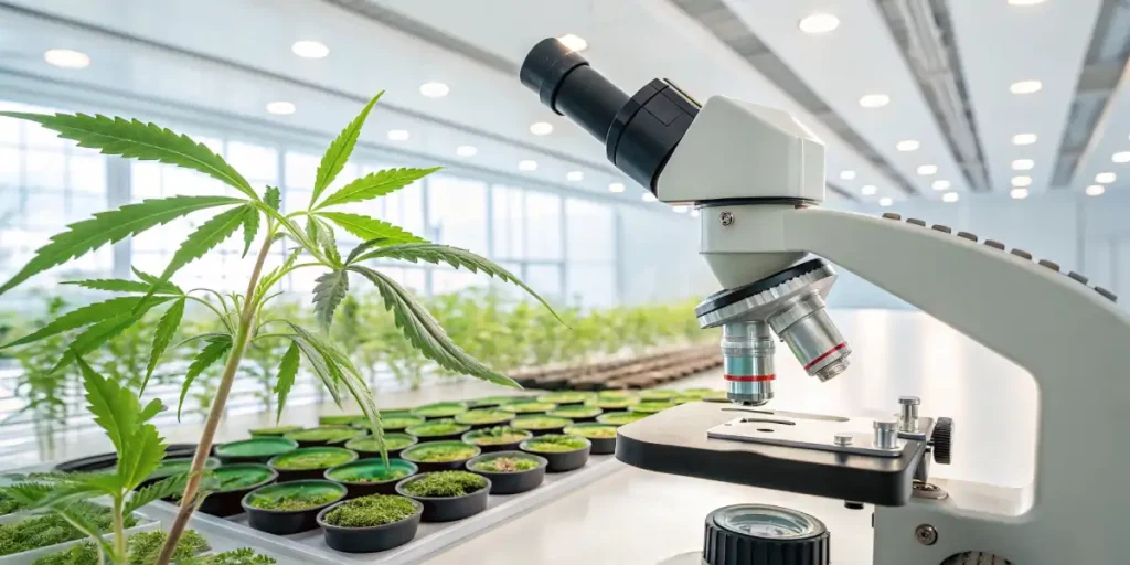 Cannabis plant beside a microscope in a modern laboratory with rows of plants in the background.