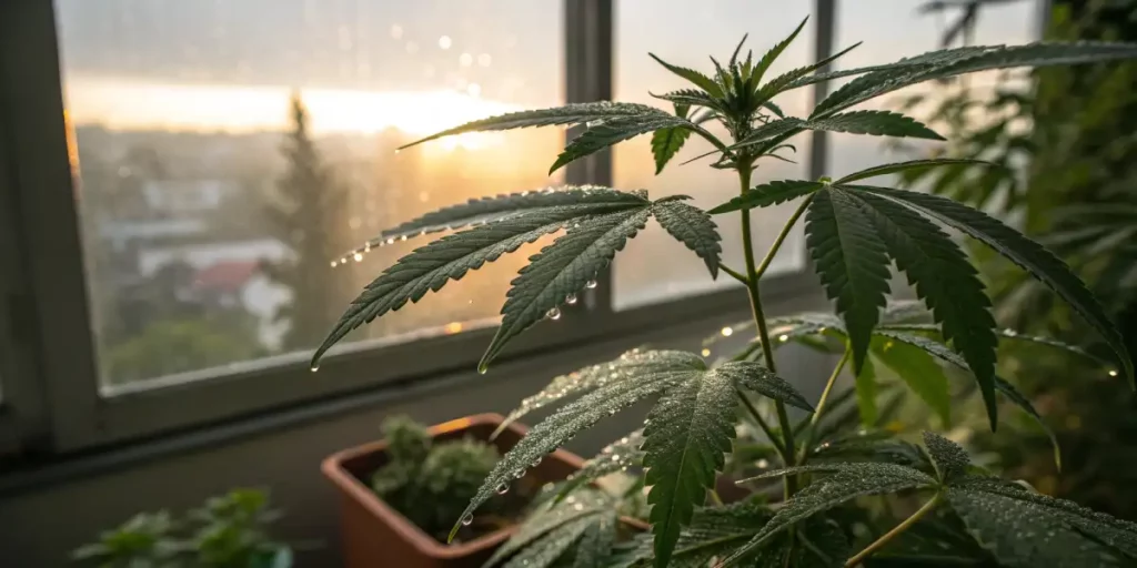 Cannabis plant with droplets of water on its leaves at sunrise.