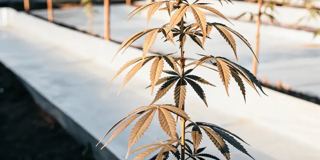 Cannabis plant showing signs of phosphorus deficiency with yellowing leaves in a growth setting.