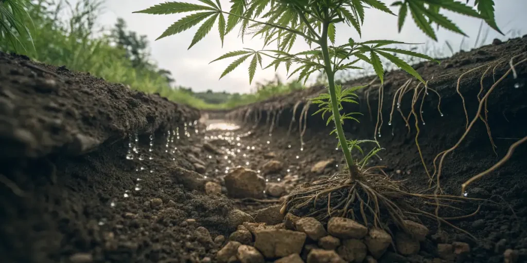 Cannabis plant with exposed roots, water droplets falling from the surrounding soil in a field.