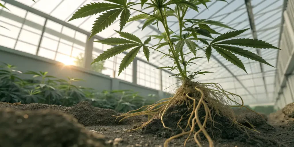 Cannabis plant with visible roots in the soil, growing in a greenhouse with sunlight streaming through.