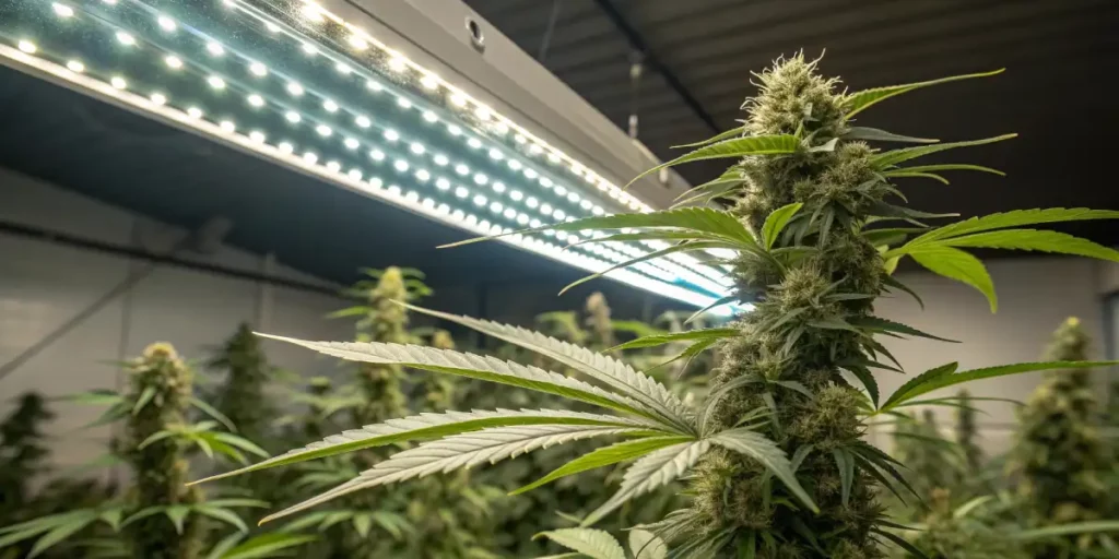 Cannabis plants growing under LED grow lights in a controlled indoor setting.