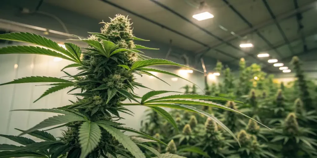 Two cannabis plants at different growth stages, one flowering and the other in early development.