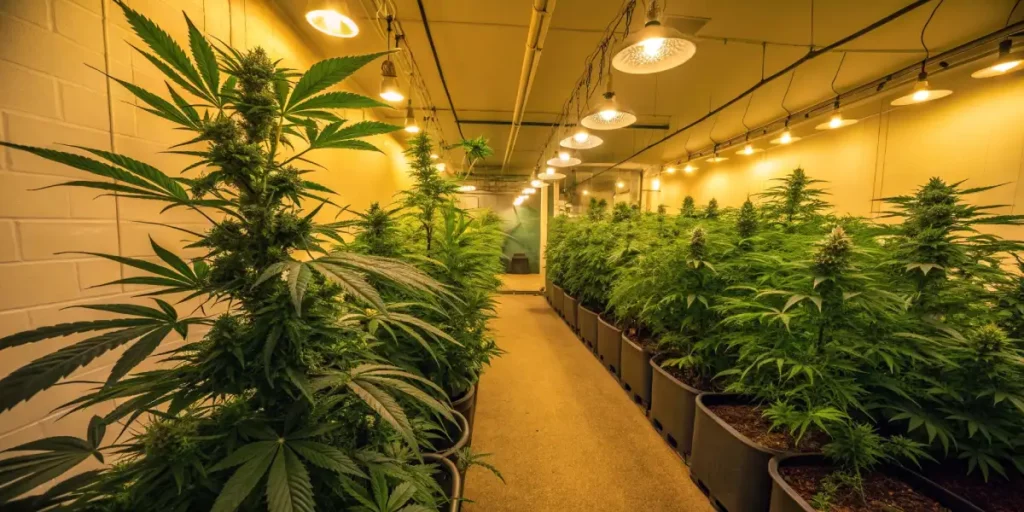 Rows of healthy cannabis plants growing in a well-lit indoor cultivation room.