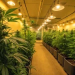 Rows of healthy cannabis plants growing in a well-lit indoor cultivation room.