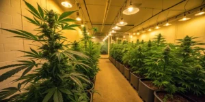 Rows of healthy cannabis plants growing in a well-lit indoor cultivation room.