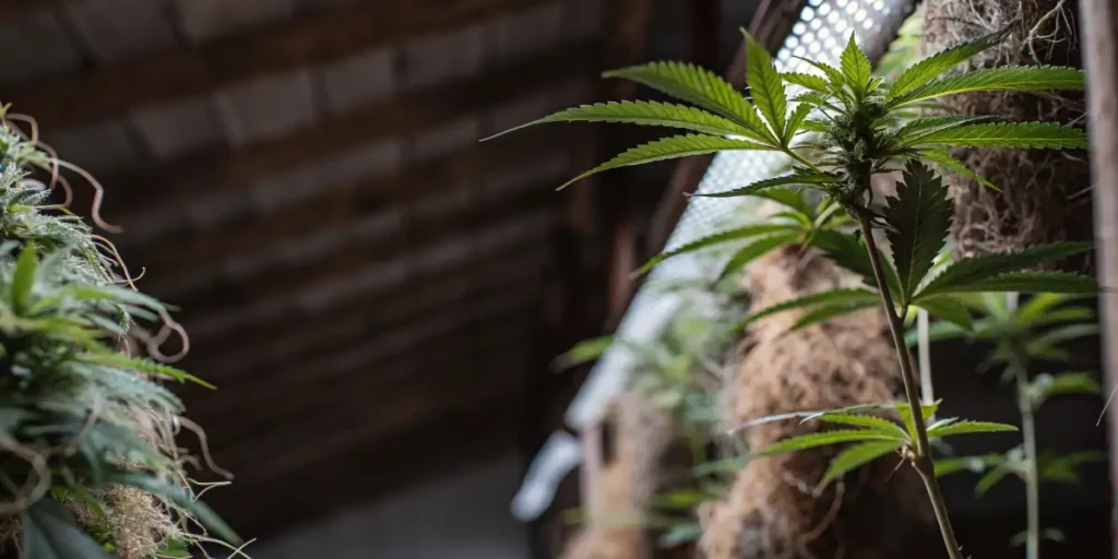 Cluster of cannabis plants growing with aerial roots in a greenhouse.