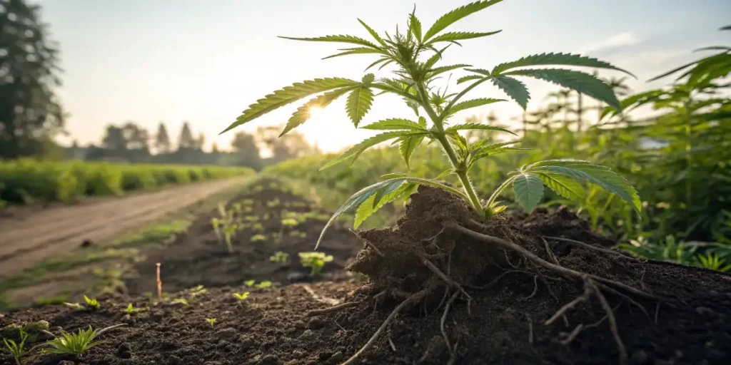 Close-up of a cannabis root system entangled in the soil, showing fine root details