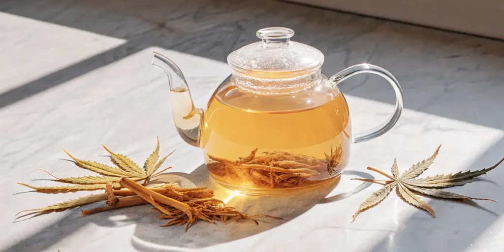 Clear glass teapot filled with cannabis root tea, surrounded by cannabis leaves on a marble surface.