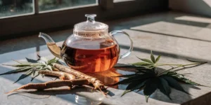 Darker cannabis root tea in a clear teapot, with cannabis roots and leaves arranged nearby.