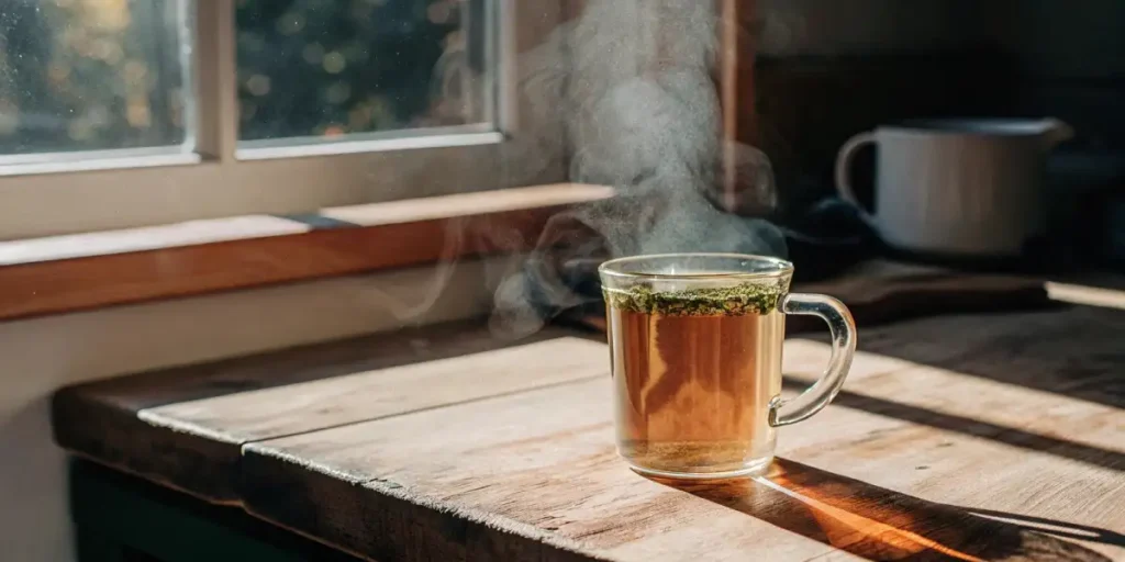 A steaming cup of cannabis root tea placed on a wooden table by a window, with sunlight reflecting on the cup.