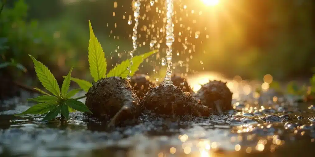 Washing cannabis root for gout remedy preparation in fresh water under sunset light.