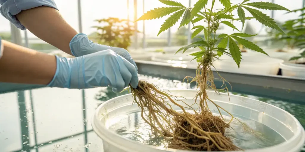 Hands wearing gloves carefully handling cannabis roots submerged in a hydroponic system.