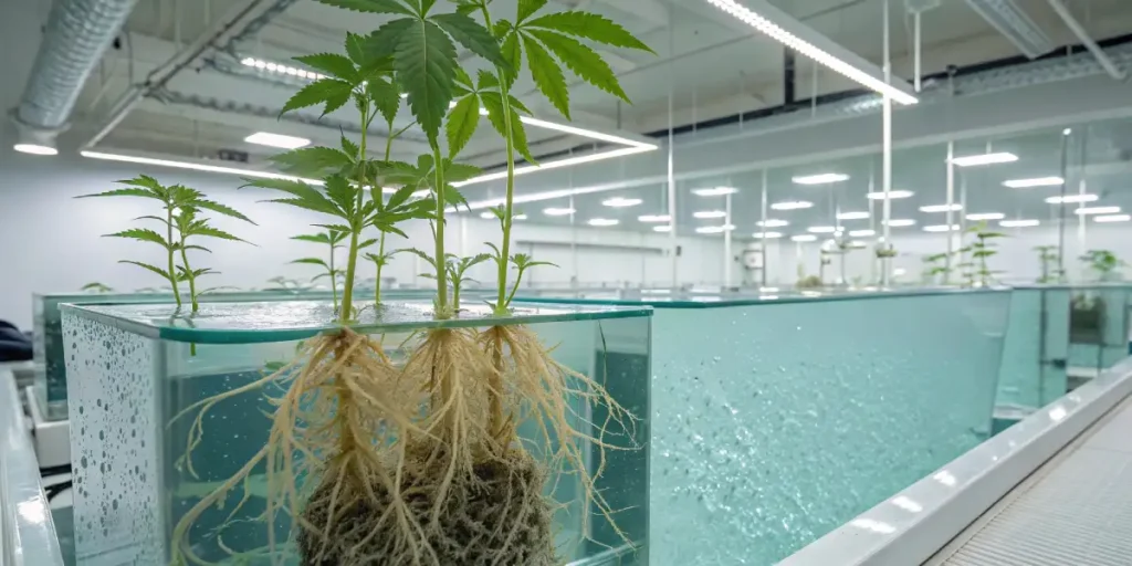 Cannabis plants with visible roots submerged in water, growing in a hydroponic system within a controlled environment.