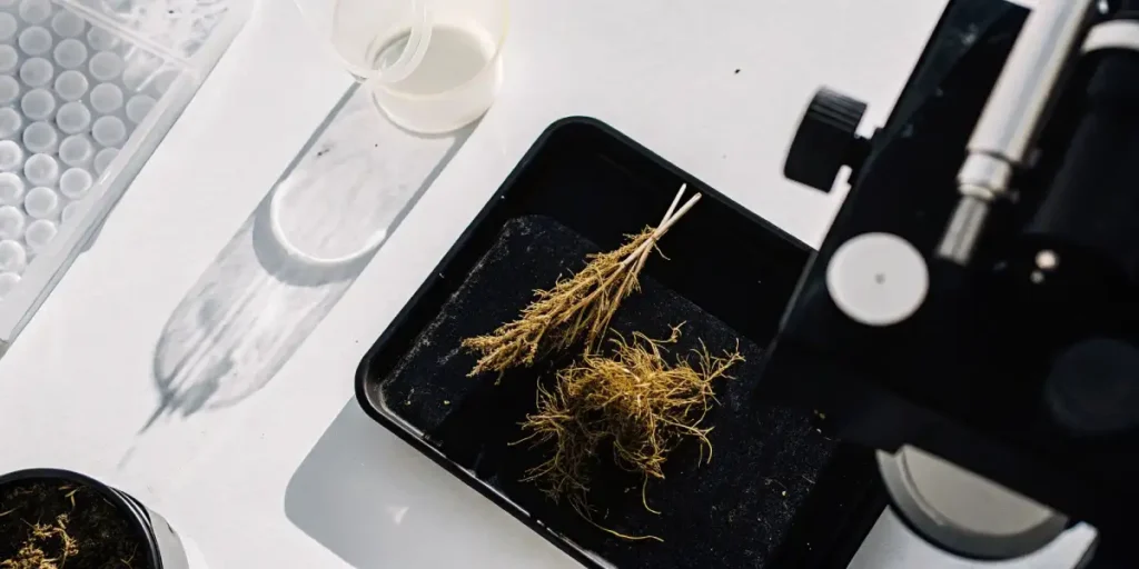 Close-up shot of intertwined cannabis roots on a laboratory table with scientific equipment around.