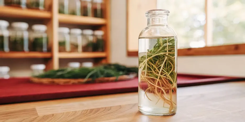 Cannabis roots submerged in clear water inside a glass container, with a blurred herbal background.