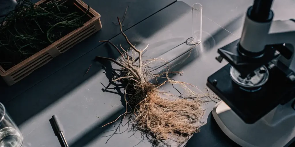 Macro photograph of cannabis roots intertwined on a black laboratory table with equipment in the background.